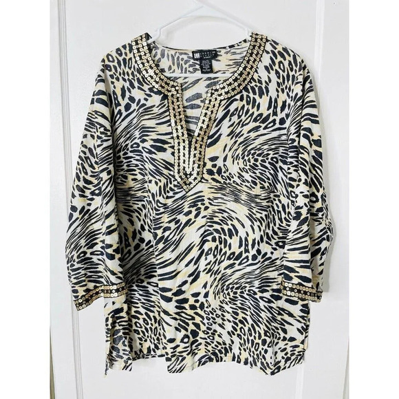 Vtg Carole Little Tunic 1X Linen Blend Animal Print Sequin Woven Side Slit Boho - Picture 1 of 11